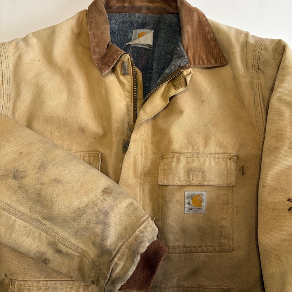 Vintage Men's 2X Carhartt Tan Blanket Lined Jacket Canvas Grungy Chore Barn Coat